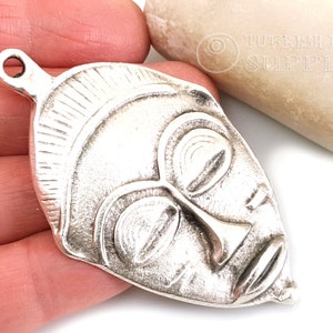 Silver African Mask Pendant, Large Silver Tribal Mask Pendant, Ethnic Jewelry Supplies, 1 pc