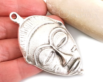 Silver African Mask Pendant, Large Silver Tribal Mask Pendant, Ethnic Jewelry Supplies, 1 pc
