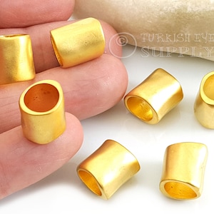 Gold Tube Beads, Large Gold Beads, Large Hole Tube Spacer Beads, Hammered Tube Beads, Leather Cord Bracelet Spacer, Gold Findings, 2pc