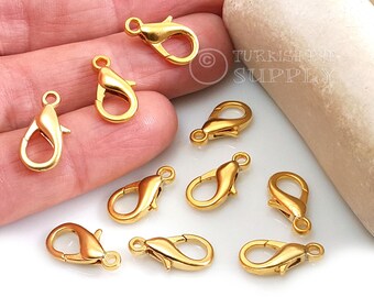 Grande chiusura a moschettone in oro, chiusure a pappagallo in oro, 16 x 8 mm, placcate in oro 22k, componenti per chiusure di gioielli, chiusura per collana, chiusura per bracciale