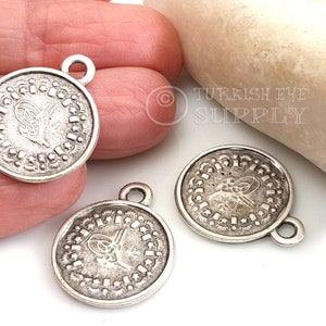 Coin Charms, Silver Coin Pendants, Ottoman Coin Replica Charms, Turkish Coin,Antique Silver Plated, Coin Findings, Turkish Jewelry, 5 pc