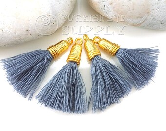 Gray Tassel, Mini Cotton Thread Tassel, 22k Gold Plated Cap, Tassel Earring, Tassel Bracelet, Tassel Findings, Tassel Necklace, 4pc