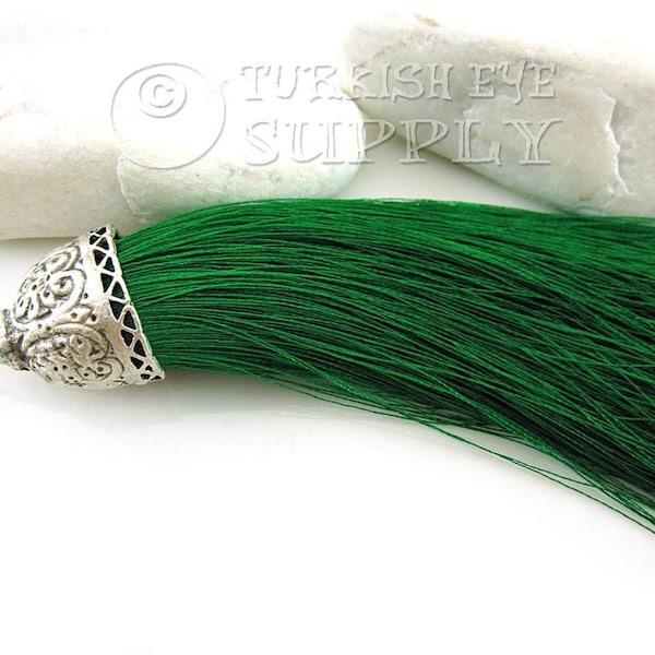 Large Green Tassel, Antique Silver Plated Cap, Turkish Hand Made Silk Thread Tassel Findings, Tassel Necklace,  Jewelry Supplies, 1Pc