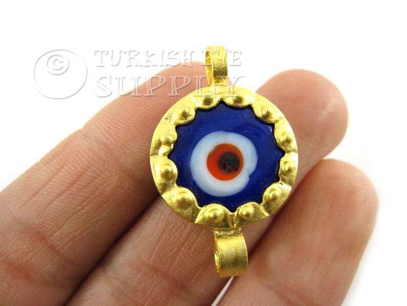 Evil Eye Bracelet Evil Eye Pendant 22K Gold Plated Bracelet Connector Round Evil Eye Connector Blue Evil Eye Charm Turkish Jewelry