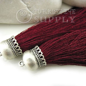 Burgundy Tassel Pendant, Handmade Silk Thread Tassel, Silver Tassel Necklace, Tassel Charms, Tassel Earring Findings, Tassel Jewelry, 1pc