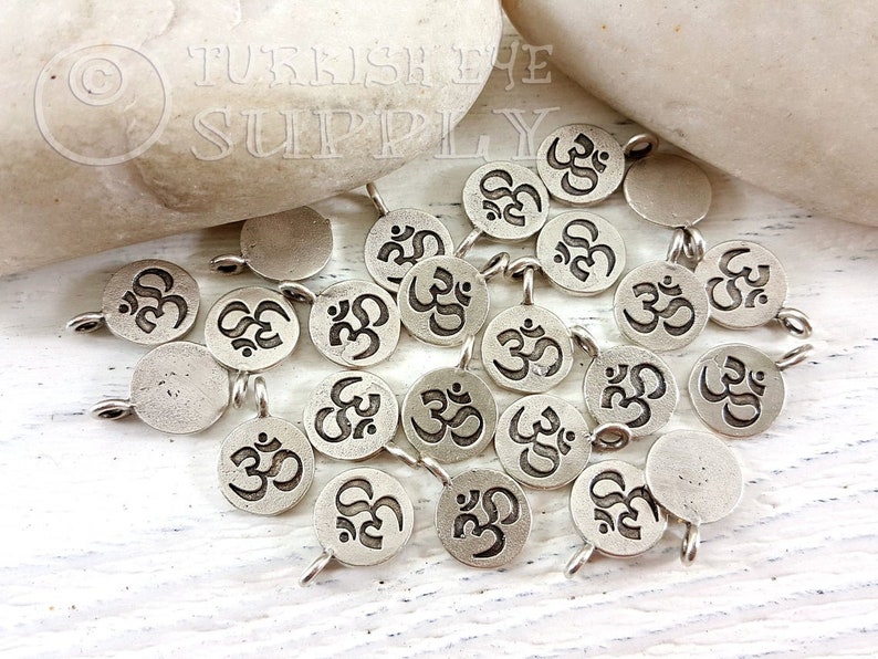Bali Charms Yoga Charms Tiny Om Drop Charms Chakra Charms Silver Om Charms Rustic Silver Tibetan Jewelry 10 pc Round Om Symbol