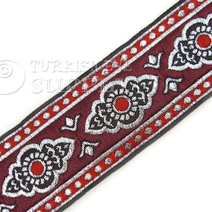 Jacquard Ribbon, Oriental Motive Ribbon, Ethnic Ribbon, Woven Border, Red And Silver, Jacquard Trim  Embroidered Ribbon, Sewing Trim, 1m