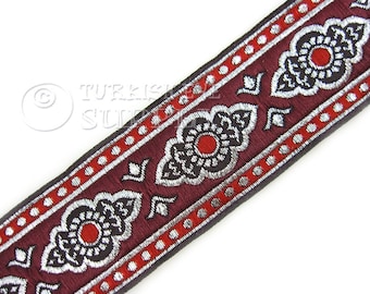 Jacquard Ribbon, Oriental Motive Ribbon, Ethnic Ribbon, Woven Border, Red And Silver, Jacquard Trim  Embroidered Ribbon, Sewing Trim, 1m