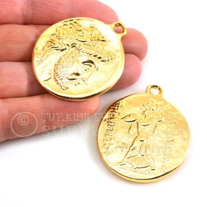 24k Shiny Gold Plated Large Greek Medallion Pendant, Ancient Greek Alexander Coin Charm, 1Pc