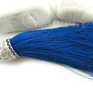 Large Dark Blue Tassel, Antique Silver Plated Cap, Turkish Hand Made Silk Thread Tassel Findings, Tassel Necklace,  Jewelry Supplies, 1Pc