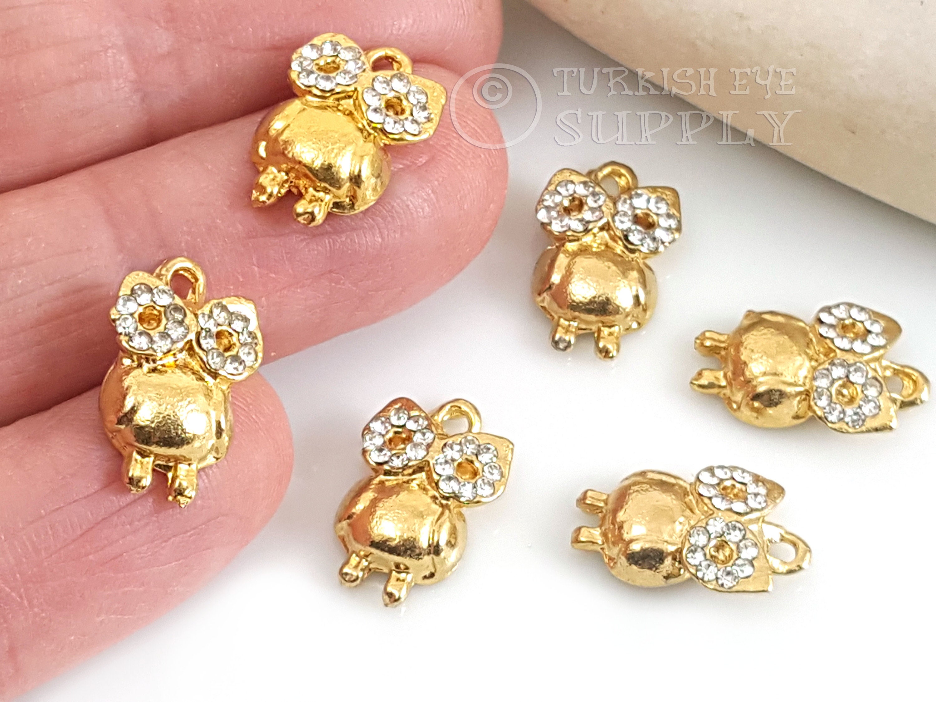 Gold Pave Owl Charm, Mini Gold Owl Pendant, Gold Owl Findings, Gold Jewelry Findings, Bird Charms, 1