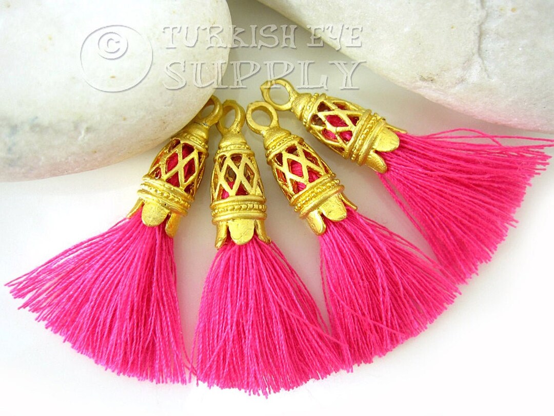 Mini Cotton Tassel, Bright Pink Cotton Tassel, Gold Tassel Cap, Tassel Charm, Tassel Earrings