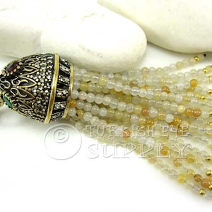 White Honey Gemstone Tassel, Jade Beaded Tassel, Antique Bronze Cap, Tassel Necklace Pendant, Gemstone Jewelry, Ottoman Jewelry