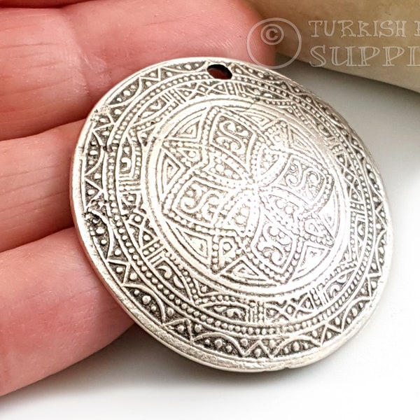 Large Tribal Disc Pendant, Silver Mandala Pendant, Silver Tribal Pendant, Silver Domed Disc Pendant, 1Pc