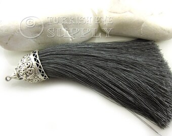 Large Gray Tassel, Antique Silver Plated Cap, Turkish Hand Made Silk Thread Tassel Findings, Tassel Necklace,  Jewelry Supplies, 1Pc