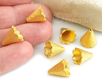 Tapas de cono de oro, tapa de borla chapada en oro de 22 k, tapas de cuentas de cono, tapas de extremo de cuentas de oro