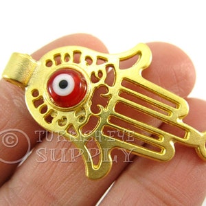Gold Hamsa Connector, Hand of Fatima Charm, 22k Gold Plated, Turkish Jewelry, Evil Eye Findings, Hamsa With Red Evil Eye, Hamsa Bracelet