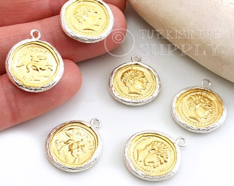 Colgante de moneda griega antigua chapado en oro, medallón romano de plata, 1 pieza