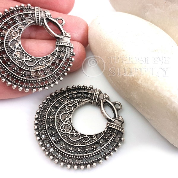 Silver Plated Filigree Pendants, Filigree Chandelier Earring Components, Oriental Tribal Jewelry Findings, Silver Jewelry Findings, 2Pc