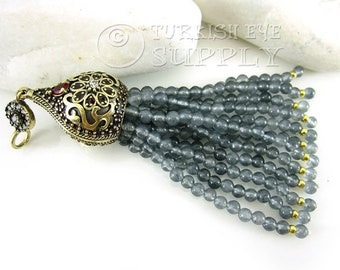 Gray Beaded Tassel, Gemstone Tassel Pendant, Gray Gemstone Tassel, Antique Bronze Ornate Pave Tassel Cap, Turkish Tassel Pendant