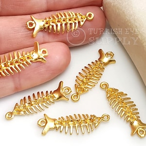 Fish Bone Charms, Fish Connectors, Gold Fish Charms, Fish Bracelet, 22k Gold Plated, Fish Charms, Gold Jewelry Components, 5 pc