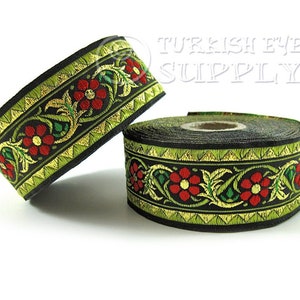 Floral Woven Border, Embroidered Ribbon, Sewing Trim Golden, Black, Green, Red Flower Jacquard Ribbon, Ethnic Ribbon, Jacquard Trim, 1m