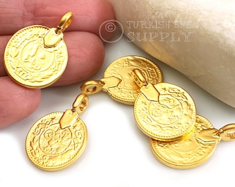 Gold Coin Charms, 22K Gold Plated, Ottoman Replica Coin, Rustic Coins, Gold Coin Pendants, Coin Findings, Turkish Jewelry, 4Pc