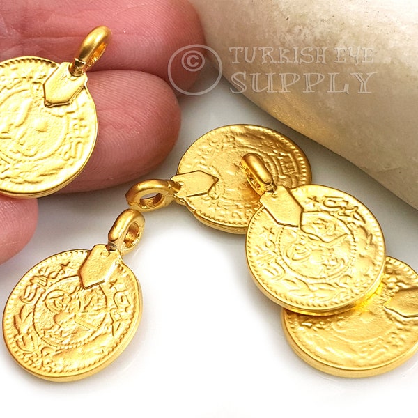 Gold Coin Charms, 22K Gold Plated, Ottoman Replica Coin, Rustic Coins, Gold Coin Pendants, Coin Findings, Turkish Jewelry ,5Pc