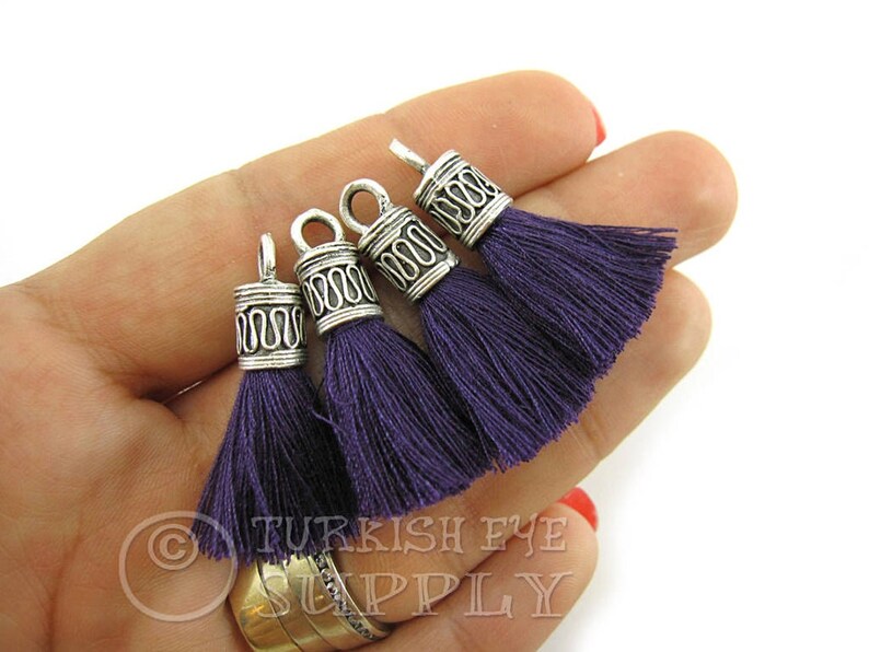 Purple Cotton Tassel Tassel Bracelet Antique Silver Plated Cap Mini Cotton Tassel 4pc Tassel Earrings Tassel Necklace Tassel Findings