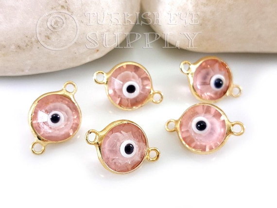 Evil Eye Connector, Evil Eye Bracelet Charm, Light Pink Evil Eye Charm, Evil Eye Findings, Gold Evil Eye, Handmade Turkish Evil Eye, 5pc