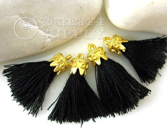 Black Tassel, Mini Cotton Thread Tassel, 22k Gold Plated Cap, Tassel Earring, Tassel Bracelet, Tassel Findings, Tassel Necklace Jewelry, 4pc