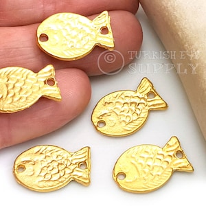 Gold Fish Charms, Mini Fish Connector Charms, 22k Gold Plated Fish, Fish Bracelet Connectors, Fish Jewelry Findings, Fish Connectors, 5Pc