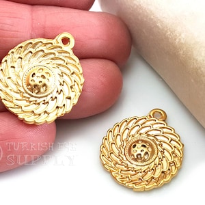 Gold Feather Disc Charms, Mini Shield Charms, Tribal Disc Charms, Gold Disc Charms, Rustic Disc Charms, Tribal Jewelry, Turkish Jewelry, 4pc