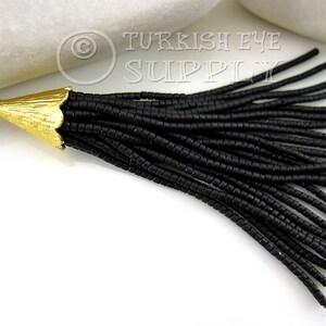 Black Beaded Tassel, Black Seed Beaded Tassel, Afghan Tassel Charm, Gold Tassel Pendant, Heishi Beaded Tassel, Earring Tassels