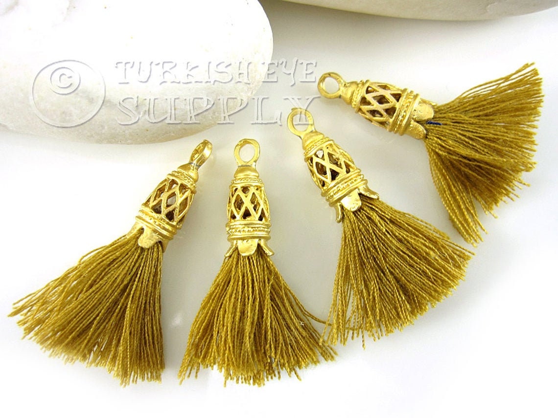 Hobby & Craft :: Sewing & Decoration :: Tassels :: 6pcs Cream Beige Cotton  Tassels Statement With Gold Cap Tassel For Jewelry Making Earrings 32mm