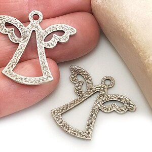 Silver Angel Charms, Antique Silver Plated Angel Pendant, Hammered Angel Charm, Silver Angel Jewelry, 3pc
