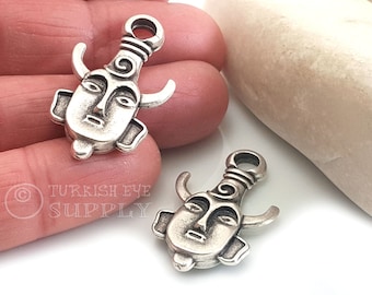 Silver Plated Tribal Mask Charm, Ethnic Jewelry Findings, 2Pc