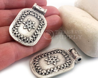 Antique Silver Plated Rectangle Tribal Pendant, Mandala Necklace, Star of David Pendant, (28x46mm)