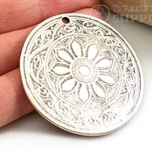 Large Tribal Disc Pendant, Round Mandala Pendant, Silver Medallion Pendant, Silver Jewelry Findings, 1Pc