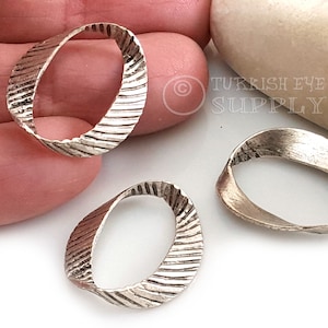 Silver Hoop Connector, Large Twisted Hoop Charm, Large Circle Loop Pendant, Silver Jewelry Findings, Hammered Hoop, 2 pc