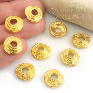 Swirl Gold Beads, Rustic Disc Charms, 22k Gold Plated Beads, Large Bracelet Beads, Gold Spacer Beads, Turkish Jewelry, Large Hole Beads, 4pc