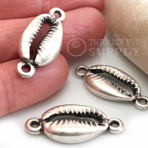 Silver Cowrie Shell Connectors, Silver Shell Charms, Shell Bracelet Charms, Silver Shell Pendant,  3Pc