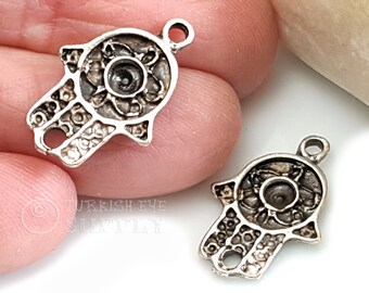 Filigree Mini Hamsa Connectors, Hand of Fatima Pendant, Antique Silver Plated, Hamsa Bracelet Connector, Hamsa Charm, Hamsa Jewelry, 10Pc