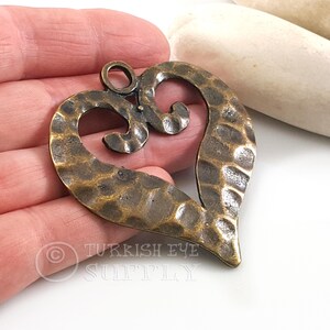 Antique Bronze Plated Large Bronze Heart Pendant, Hammered Tribal Heart Charm, 1Pc
