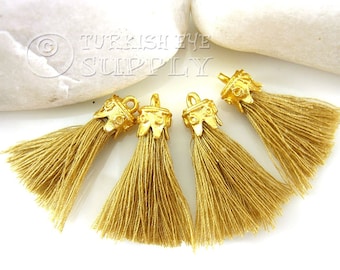 Beige Tassel, Mini Cotton Thread Tassel, 22k Gold Plated Cap, Tassel Earring, Tassel Bracelet, Tassel Findings, Tassel Necklace, 4pc