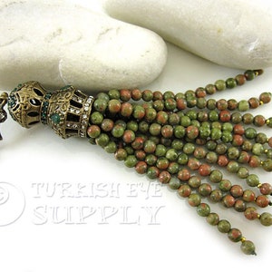 Green Unikite Beaded Tassel, Antique Bronze Cap, Bohemian Jewelry, Tassel Necklace, Large Beaded Tassel, Tassel Jewelry, Green Beaded Tassel