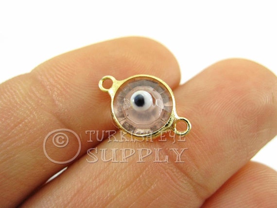 Evil Eye Connector, Evil Eye Bracelet Charm, Light Pink Evil Eye Charm, Evil Eye Findings, Gold Evil Eye, Handmade Turkish Evil Eye, 5pc