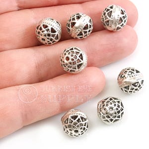 Large Silver Ball Spacer Beads, Filigree Silver Mala Beads, Tribal Bali Bead Jewelry Findings, 4pc
