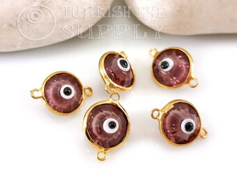 Pink Evil Eye Connector, Evil Eye Bracelet Charm, Evil Eye Charm, Evil Eye Findings, Gold Evil Eye, Handmade Turkish Evil Eye, 5pc