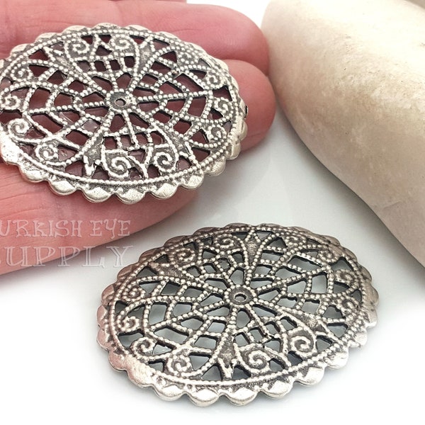 Silver Oval Filigree Disc, Large Oval Fretwork Disc Pendant, Silver Disc Connector, Silver Jewelry Findings, Jewelry Components, 2Pc